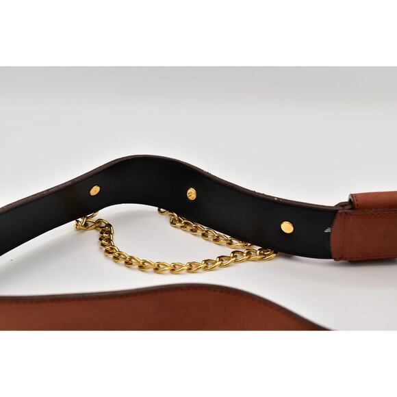 New York Studio Vintage L Leather Belt Buckle Gold Lion Coin Chain Brown 1980s main image 6